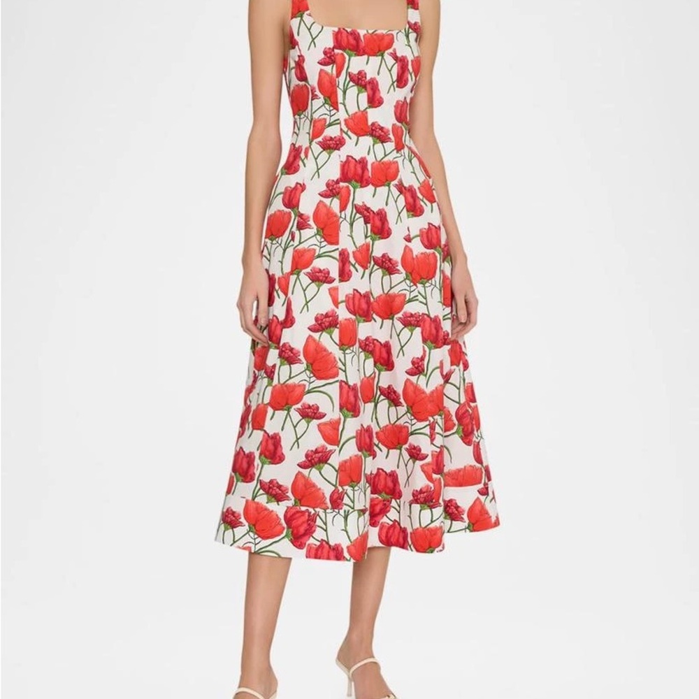 NWT MILLY Nia Peony A-Line Midi Dress size 10 red and white - Picture 3 of 13